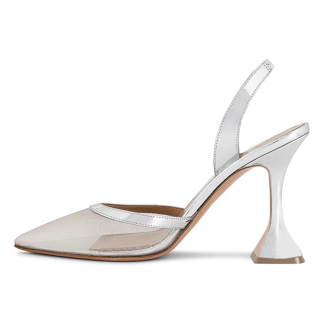 Silver Patent Leather & Mesh Pointed Slingback Flared Heel Pumps