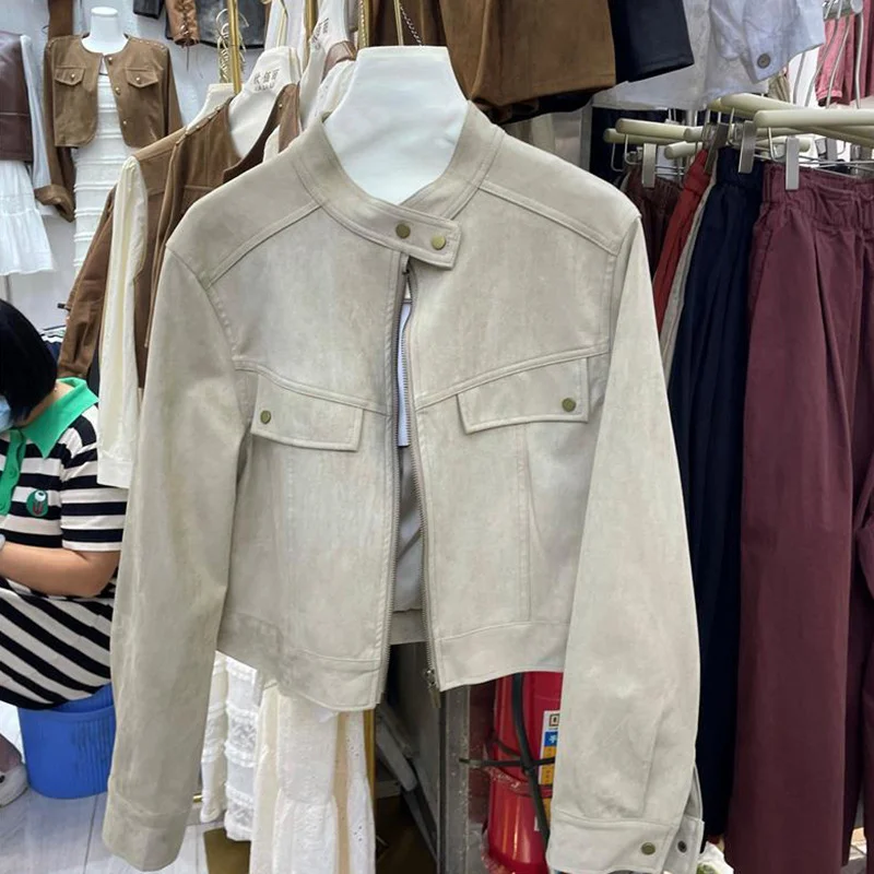 Woherb Retro Standing Collar Leather Velvet Early Autumn Coat Female Short Style Fashion Loose Casual Motorcycle Suit Small Jacket Jacket-Outfit Ideas