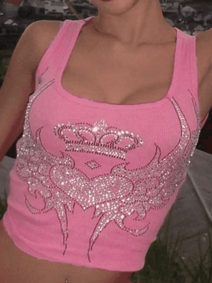 Brownm Rhinestone Winged Heart Ribbed Cropped Tank Top