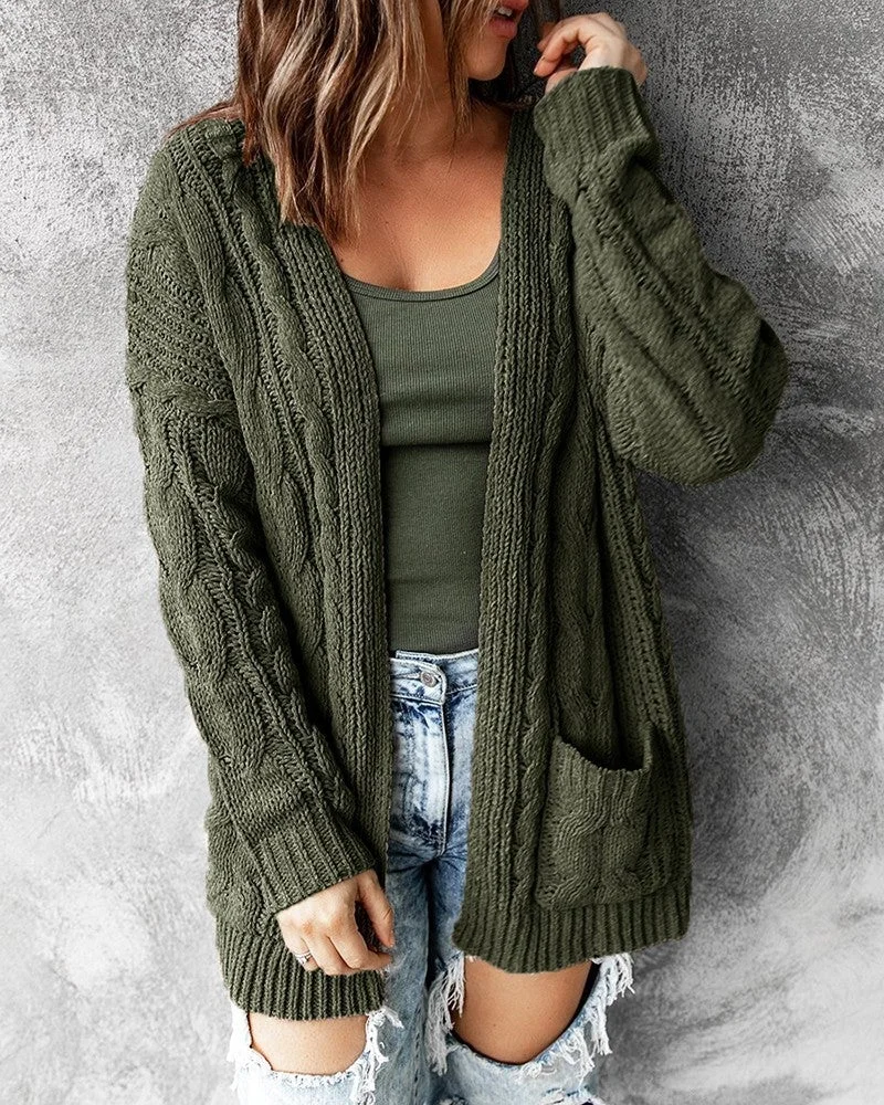 Pocket Design Long Sleeve Braided Knit Cardigan