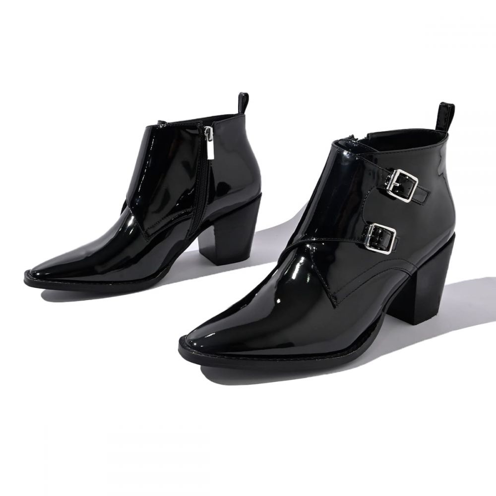 Black Patent Leather Monk Buckle Chunky Heel Ankle Boots Nicepairs