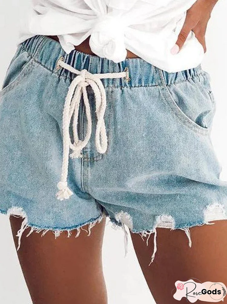 Casual Elastic Waist Bleach Wash Denim Shorts