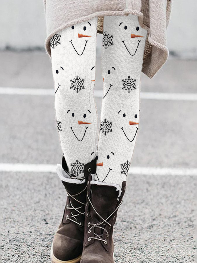 Snowman Faces & Snowflakes Embroidery Pattern Leggings wearshes