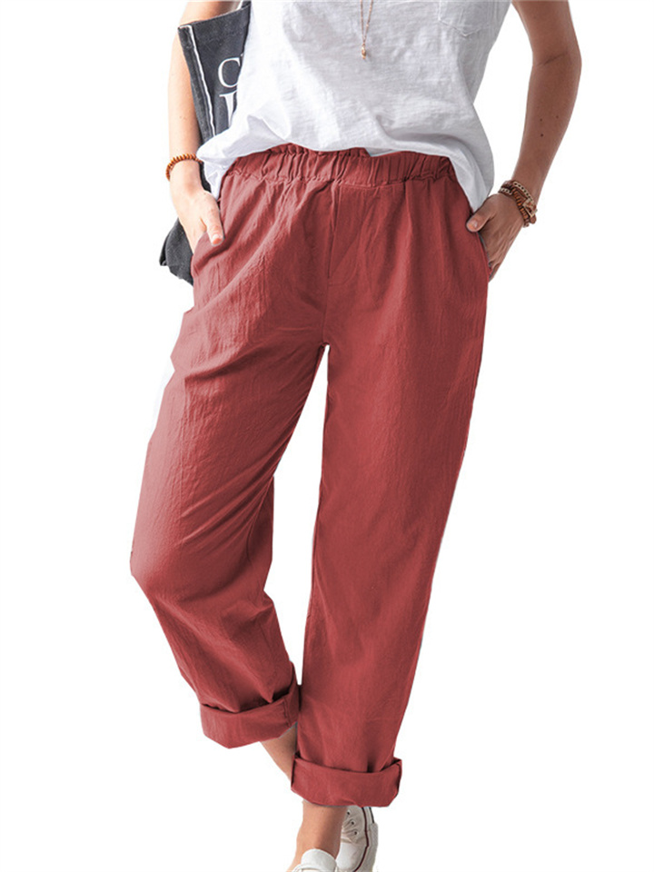 New Women's Cotton and Linen Pants Solid Color Casual Elastic High Waist Straight Pants