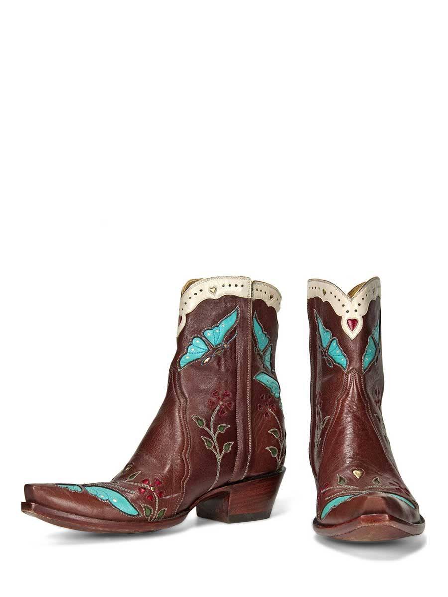 Brown Chunky Heel Blue Butterfly Inlay Cowgirl Boots for Women
