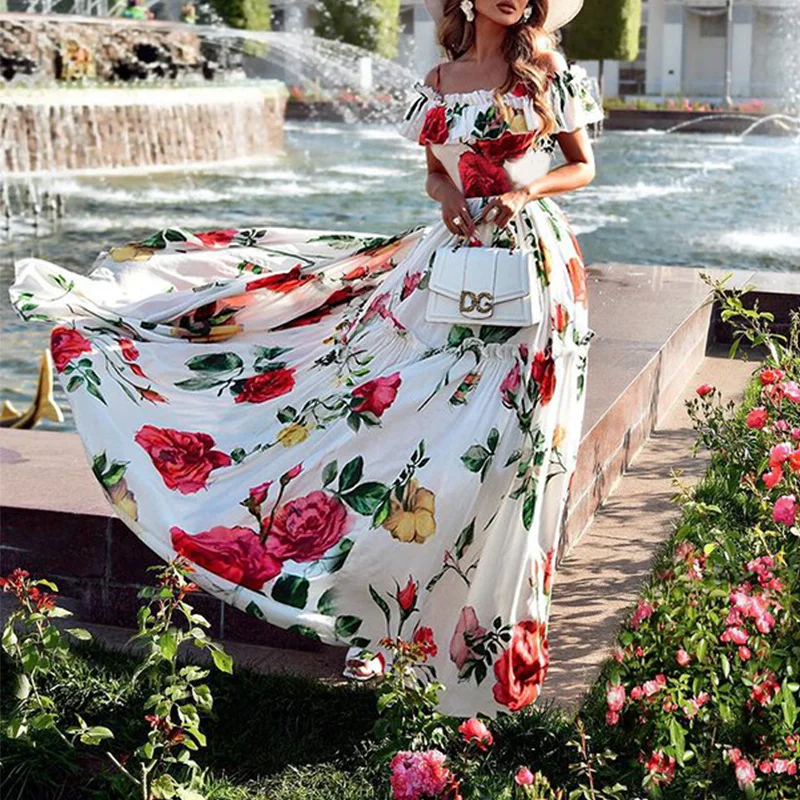 Toloer Toloer 533 Spot Women's Summer 2023 New Fashion One-Line Shoulder Print Holiday Dress-Outfit Ideas
