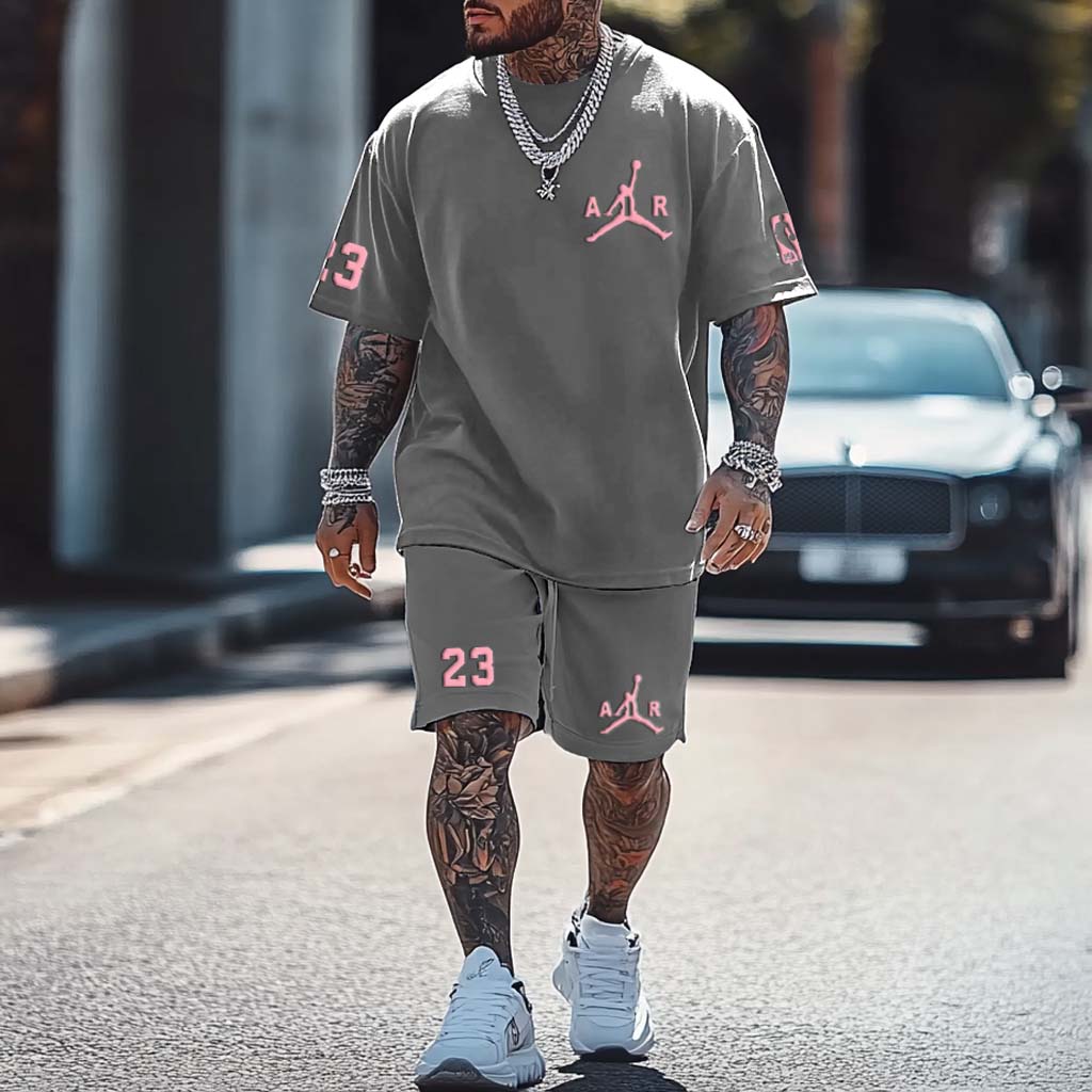 Unisex Basketball Print Oversized Streetwear Gray Short-Sleeved T-shirt And Shorts Set