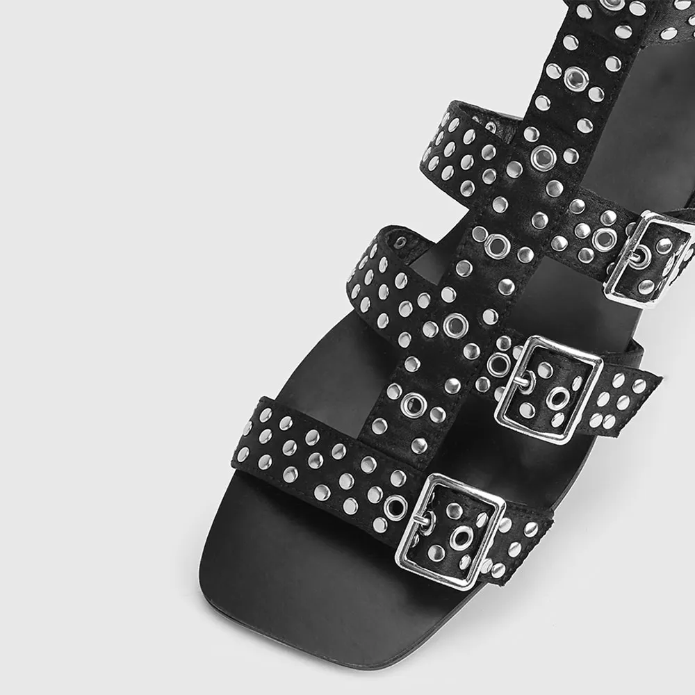 Black Square Toe Flat Strappy Studded Summer Sandals with Buckle