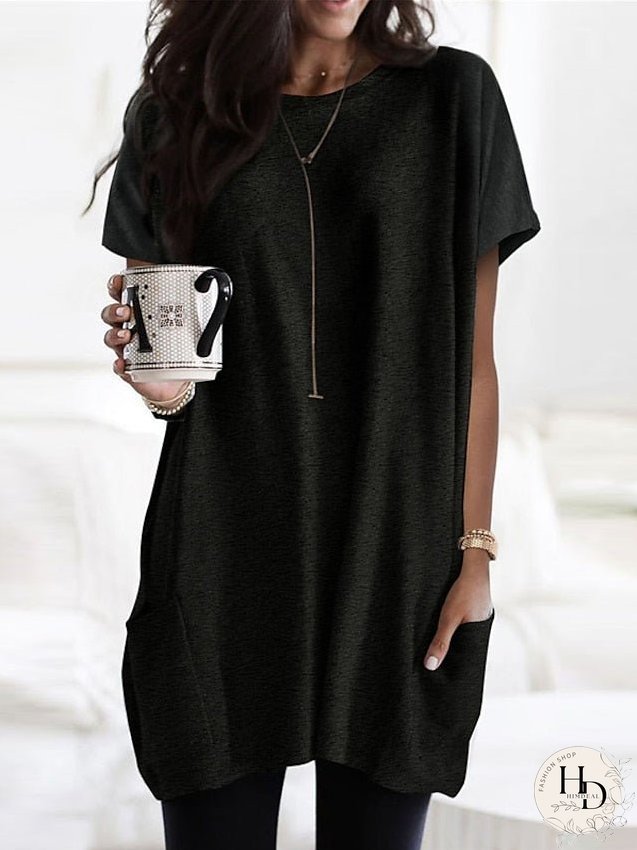 Casual Dress T Shirt Dress Tee Dress Shift Dress Mini Dress Black White Pink Short Sleeve Pure Color Pocket Summer Spring Crew Neck Classic Loose Fit S M L XL XXL for Women