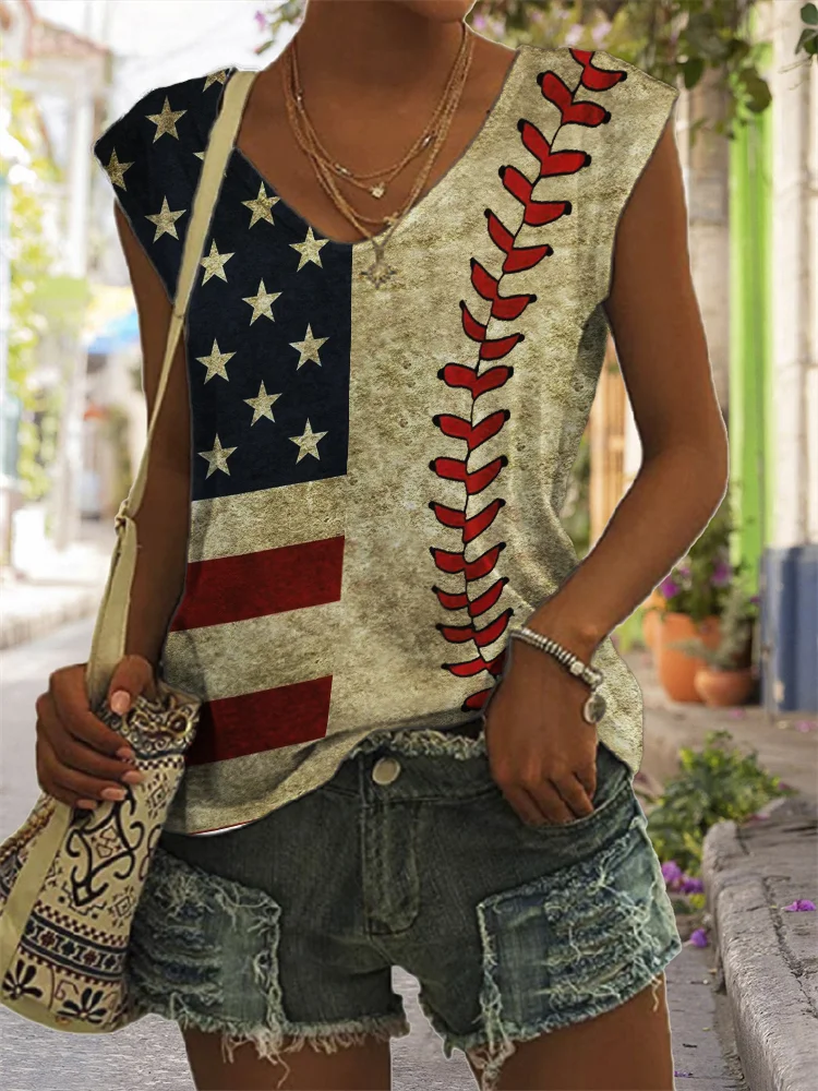 Comstylish Distressed Baseball Seam American Flag Tank Top