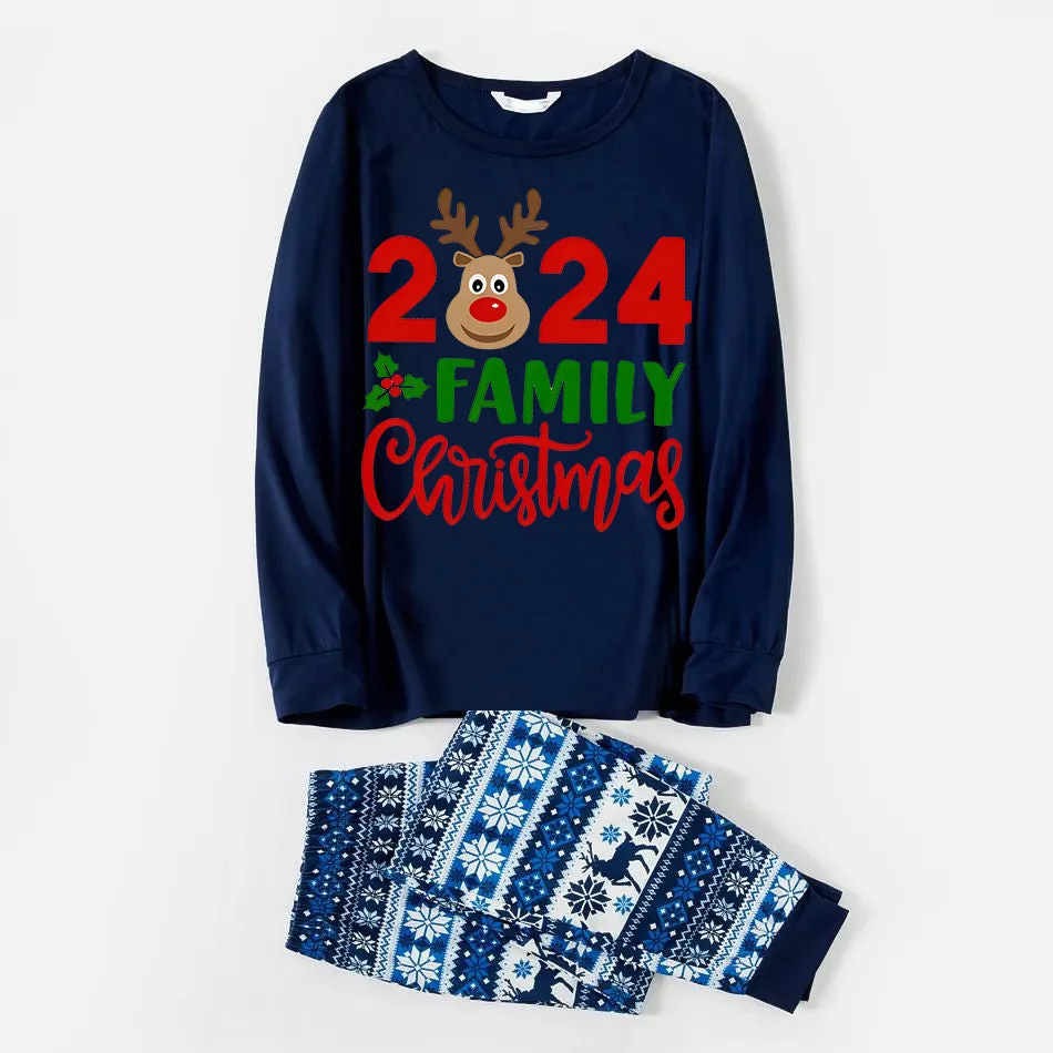 "2024 Family Chriatmas" Moose Letter Prints Blue Long Sleeve Family Matching Pajamas With Dog bandana