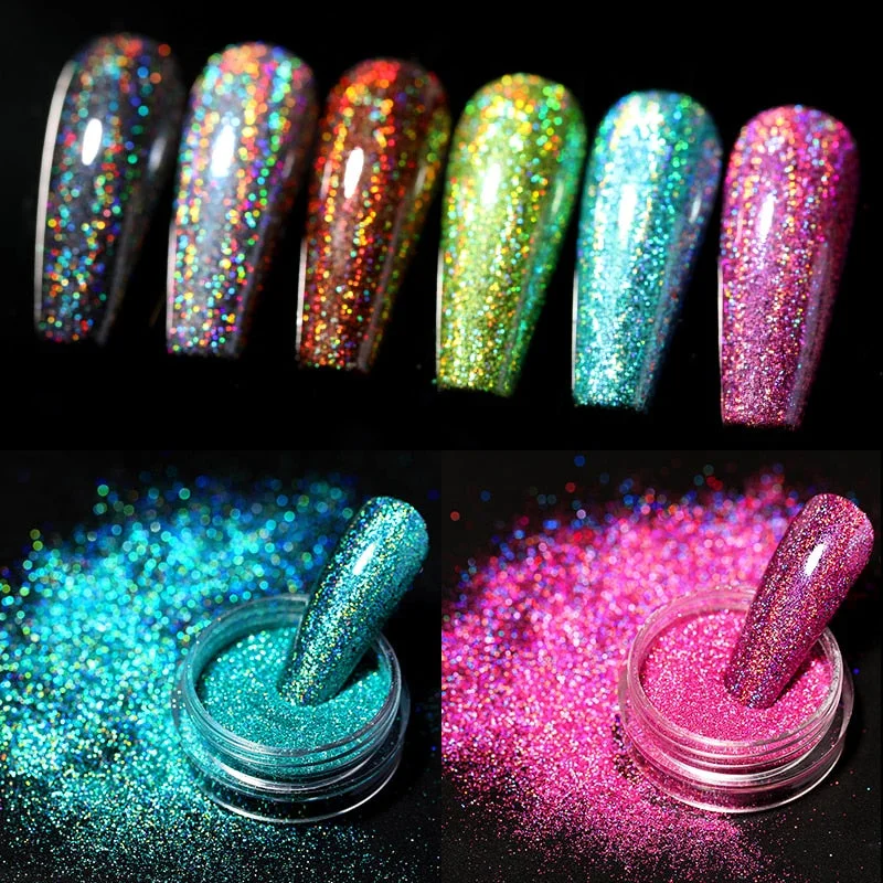 iridescent Powder On Nails iridescent Silver Red Glitter Chrome Sparking Shining Sequins Gel Polish Flakes Manicures Decoration