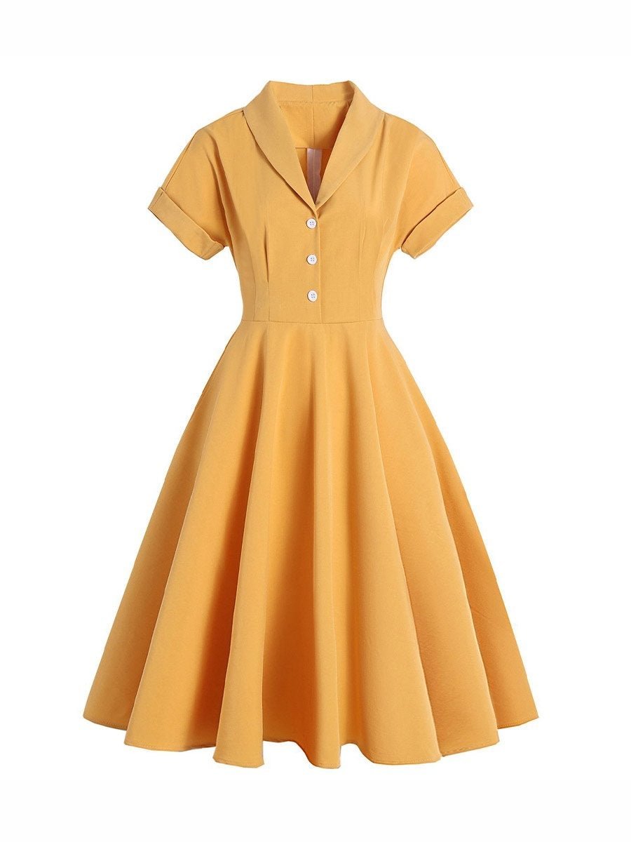 1950 Fashion Dress Solid Color Mid-length Retro Lapel Dress
