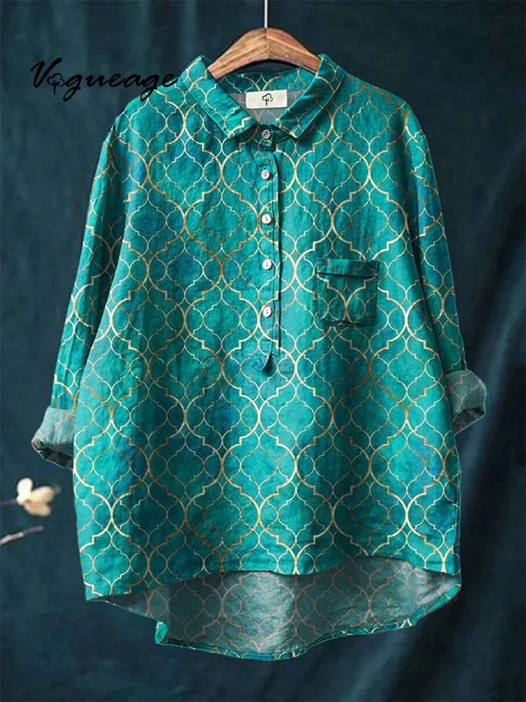 Fashion Simple Bright Striped Flowers Print Cotton And Linen Shirt
