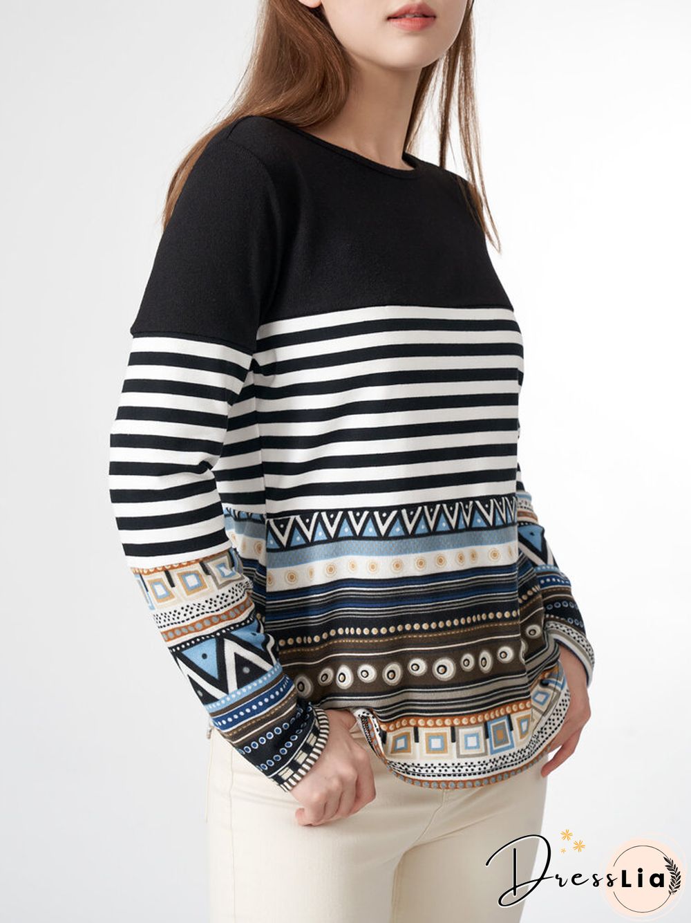 Stripe Tribal Pattern Long Sleeve Crew Neck Casual Sweatshirt
