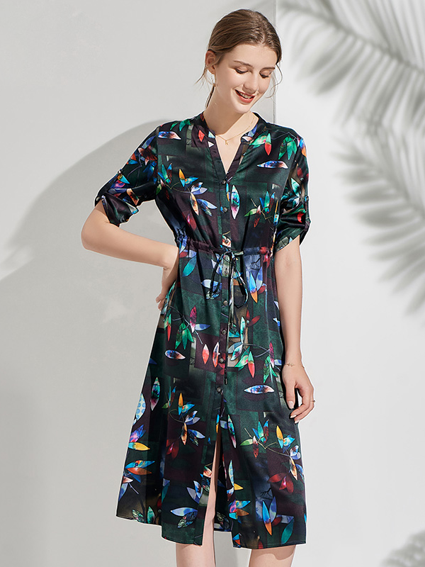 Robe en soie à demi-manches avec cordon de serrage à la taille-Soieplus