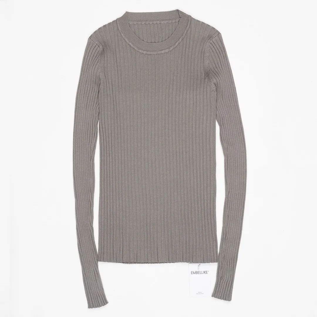 Women Sweater Pullover Basic Ribbed Sweaters Cotton Tops Knitted Solid Crew Neck With Thumb Hole