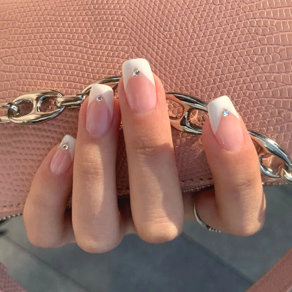 24pcs/set Light Grey Rhinestone Short Size Design Artificial Nail DIY Fashion false nails with glue fake nails press on for girl-Nail Inspo