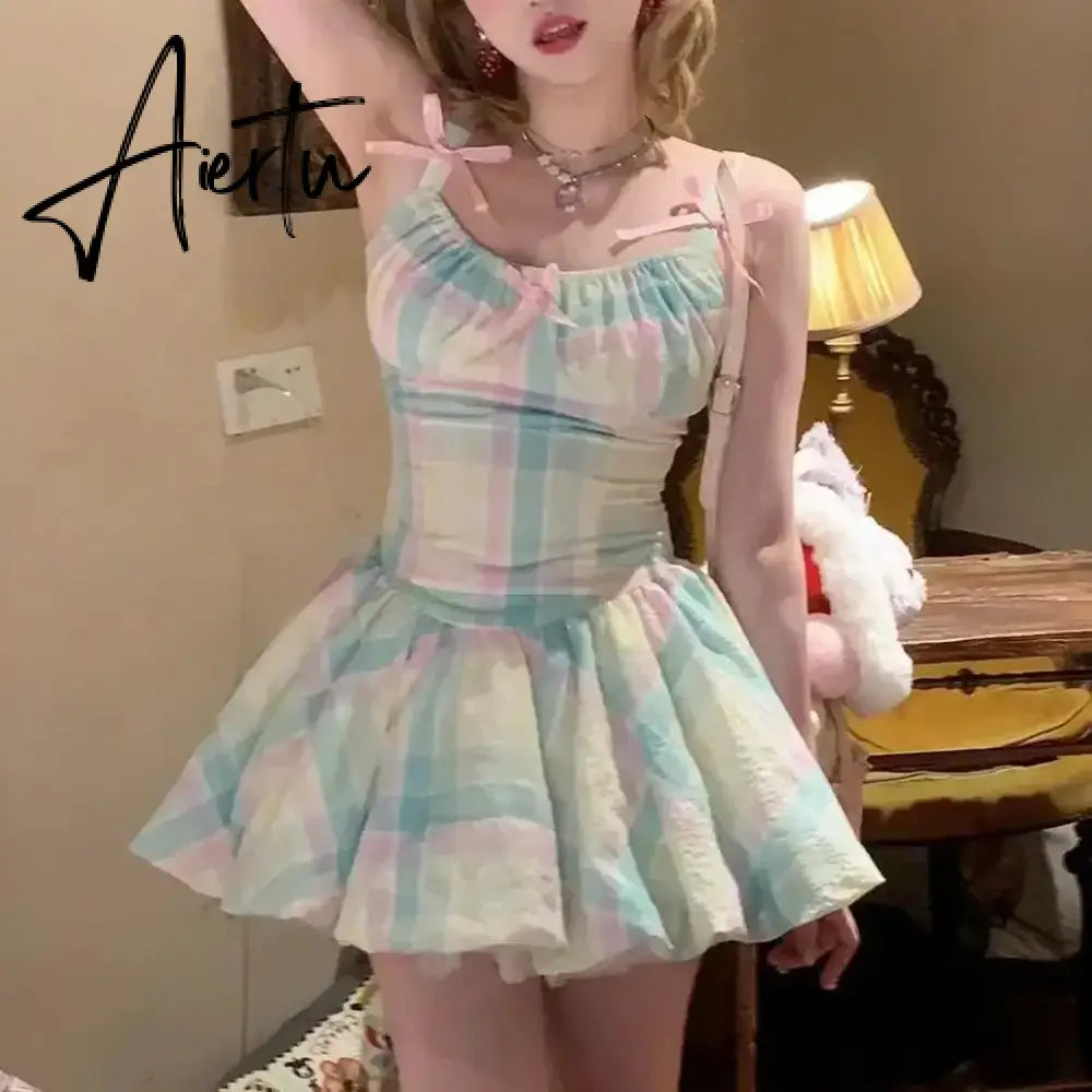 Aiertu Y2k Aesthetic Rainbow Contrast Color Plaid Vestidos   Sweet Bow Ball Gown Dress Summer Kawaii Fashion Women Dresses Aiertu
