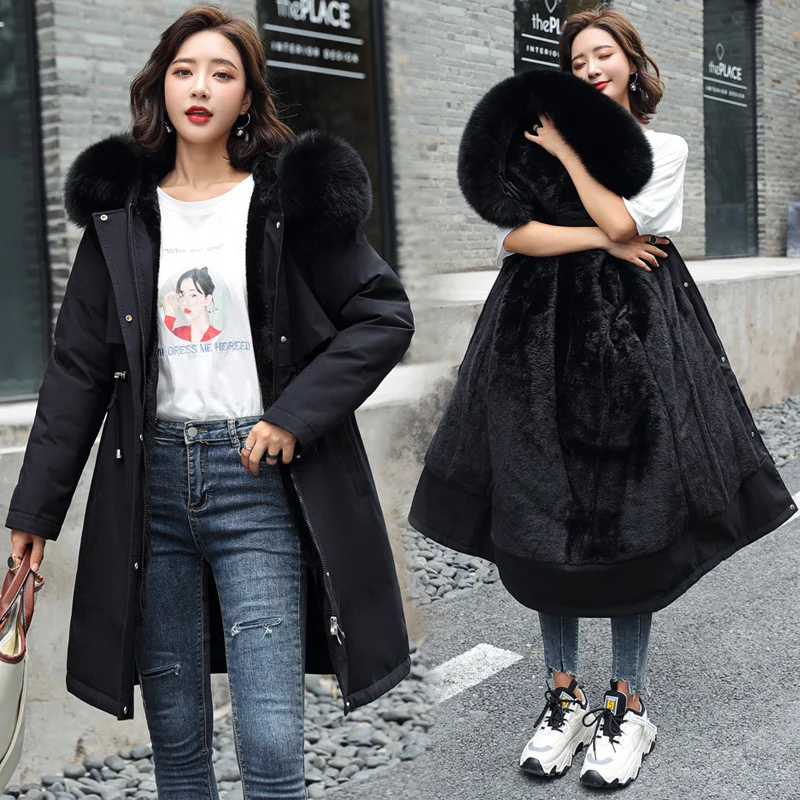 Woherb The New Style To Overcome The Velvet And Thick Down Cotton Clothes Female Long Korean Version Autumn Winter Waist Hooded Cotton-Padded Jacket Cotton-Padded Jacket-Outfit Ideas