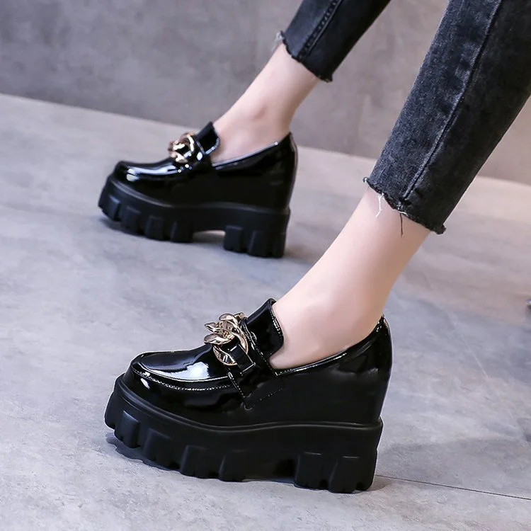 Wongn Wongn Classic Metal Chain Patent Leather Waterproof Platform Super High Heel Inside The High Slope Heel Small Leather Shoes Woman