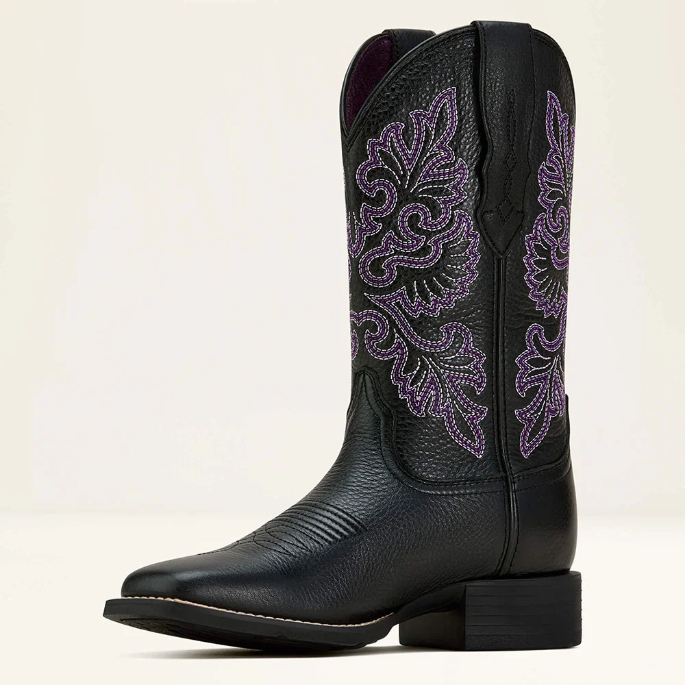 Black Square Toe Chunky Heel Cowgirl Boots with Purple Embroidery