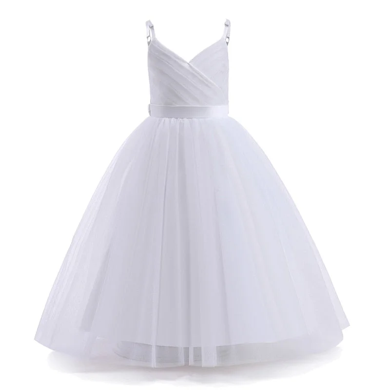 Elegant Girls Big Bow Dress Teen Girl White First Communion Ceremony Long Robe Clothing Kids Bridesmild Summer V-Neck Vestidos