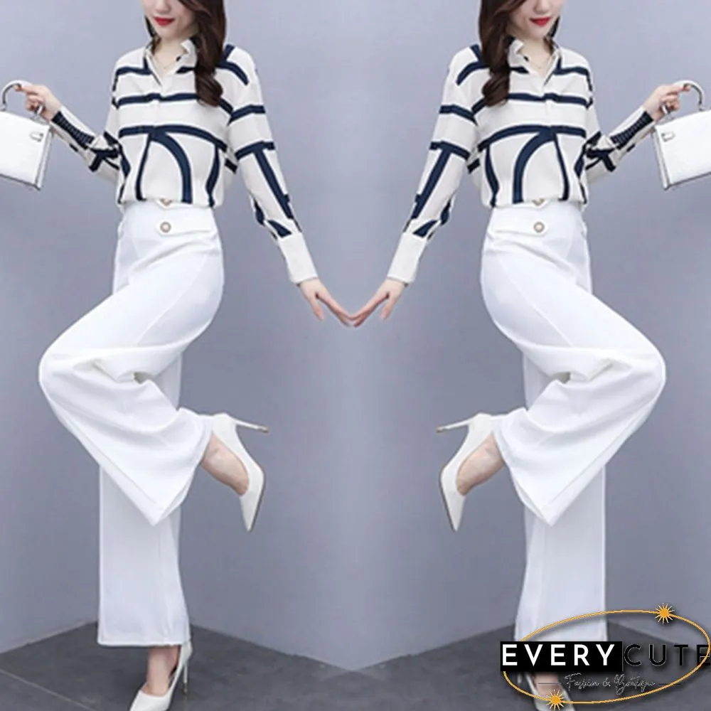 Autumn Fashion Office Two Piece Set Outfits Women Striped Chiffon Shirt Wide Leg Pants