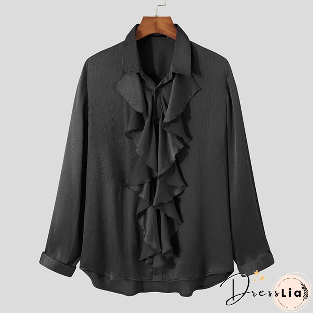 Fashion Men Long Sleeve Silky Shirts Bow Flounce Dance Loose Blouse Tee Tops