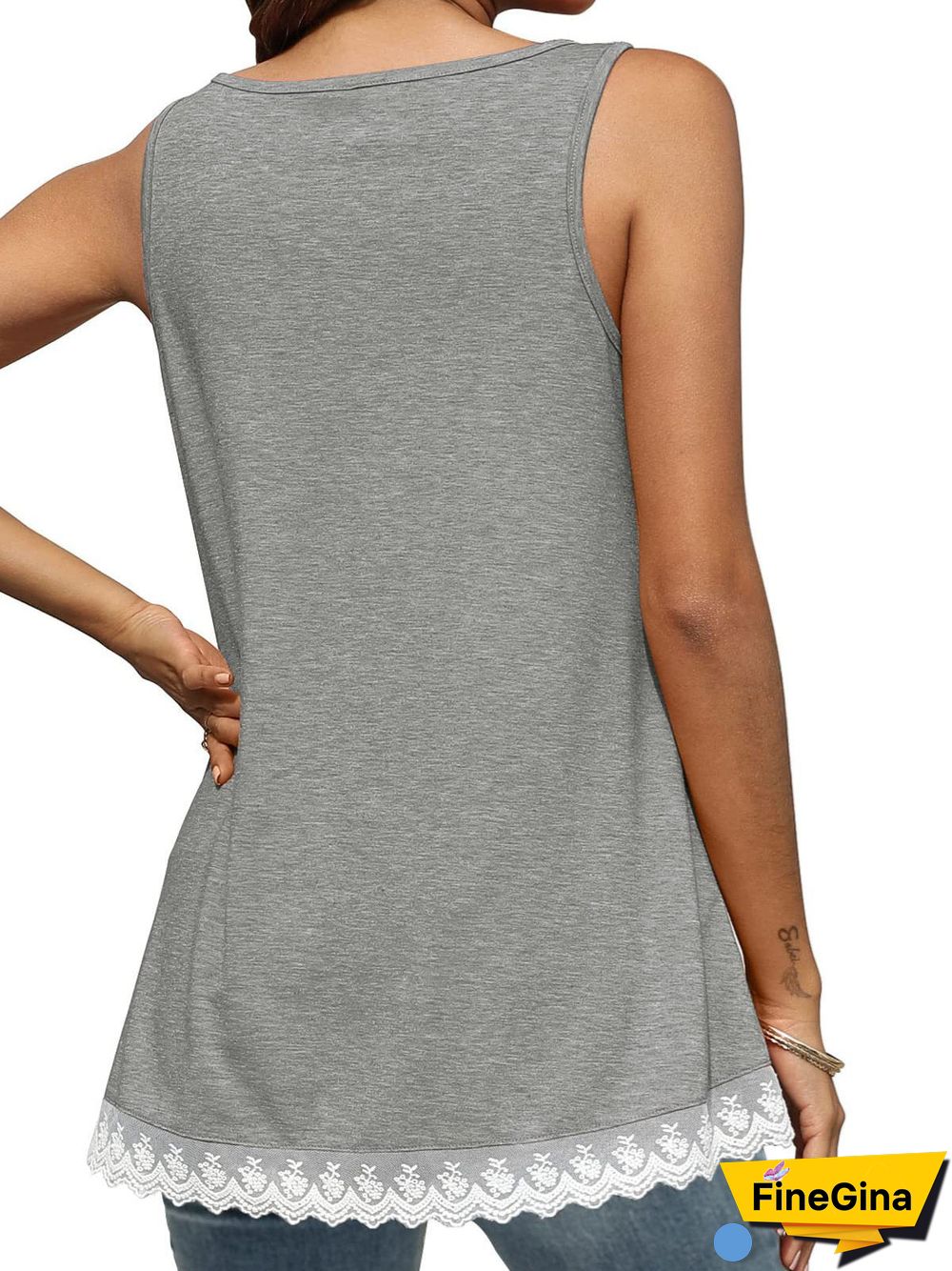 Women's Sleeveless Scoop Neck Large Swing Lace-paneled Top