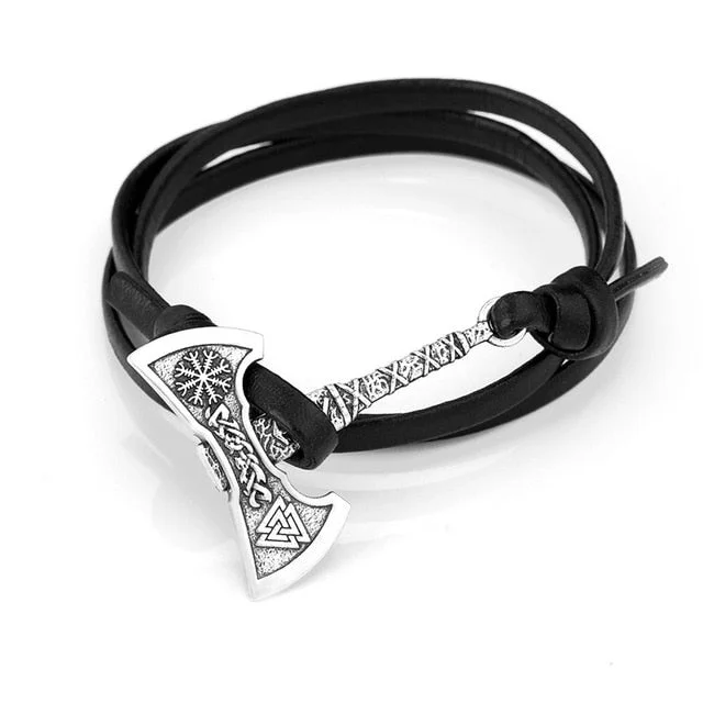 Men's Leather Silver Color Hatchet Handmade Pirate Bracelet