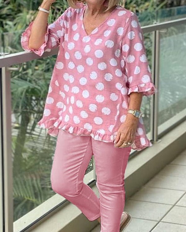 Pink Casual Polka Dots Printed Top Pants Two-piece Suit - Chicaggo