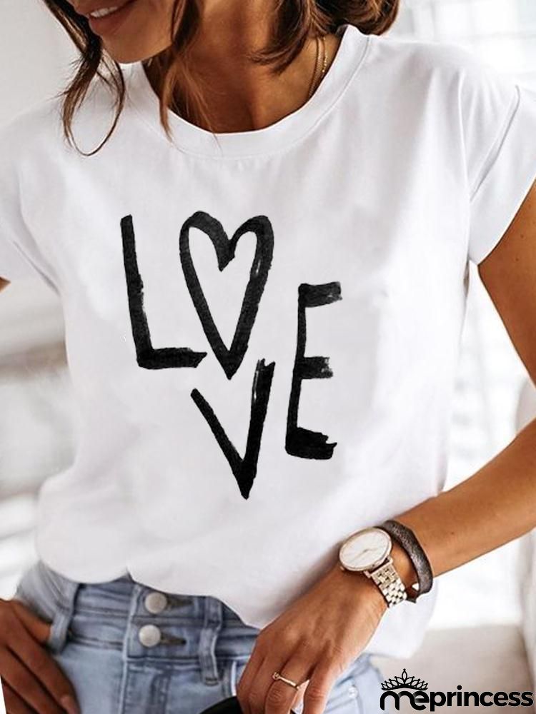 Women Fashion Base Letter Sunflower Cross Print Round Neck Short Sleeve T-Shirt