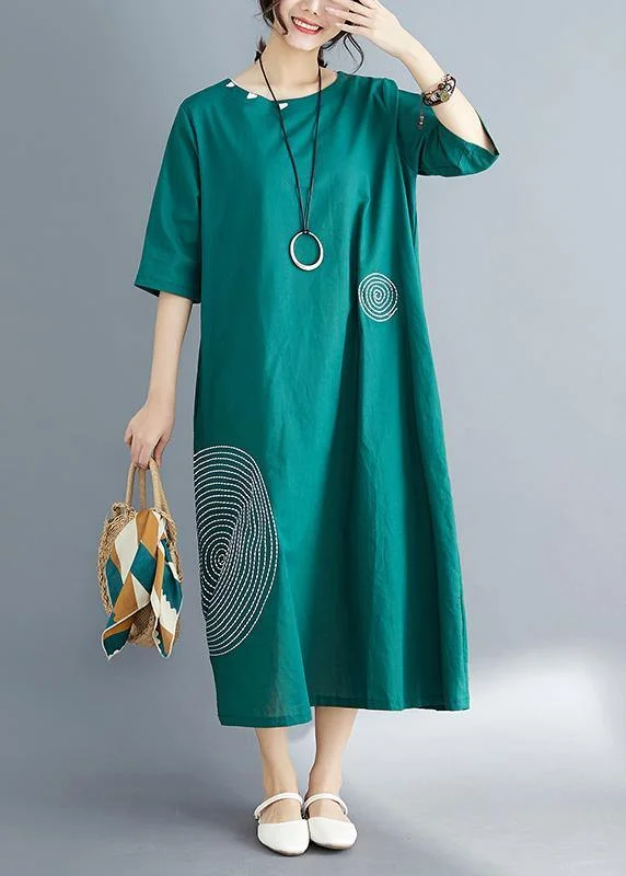 Beautiful o neck embroidery cotton dress plus size pattern green Dress Summer