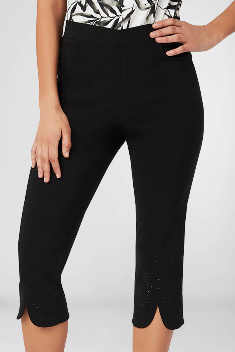 Flycurvy Plus Size Casual Black Hot Drilling Split Capris Pants 2024 - Flycurvy 