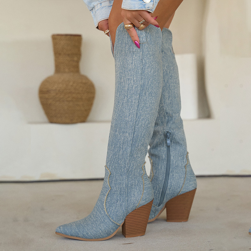 Women's Blue Denim Pointed Toe Chunky Heel Knee High Cowgirl Boots