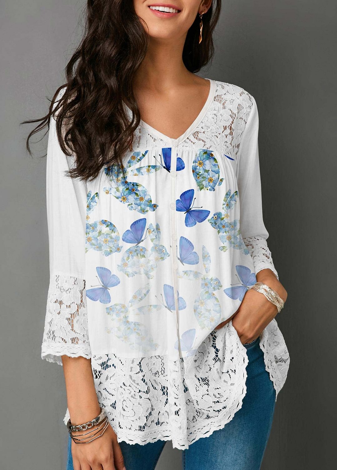 White Lace Patchwork Butterfly Print Blouse