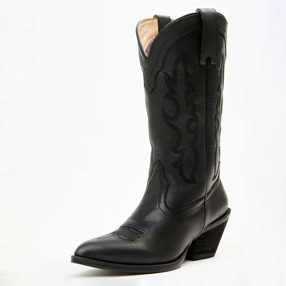 Black Stitching Pull-On Pointed Toe Chunky Heel Mid-Calf Cowgirl Boots Nicepairs