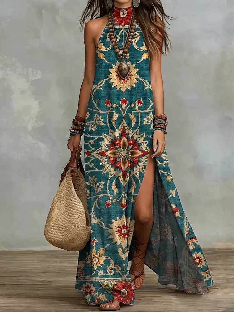 Women's Retro Ethnic Floral Pattern Art Print Casual Stylish Cotton Dress