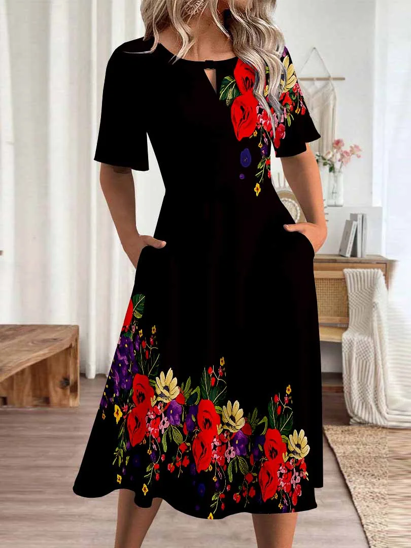 Women Floral,Black DZHA8317 Short Sleeve Scoop Neck Graphic Printed Hollow Midi Dress