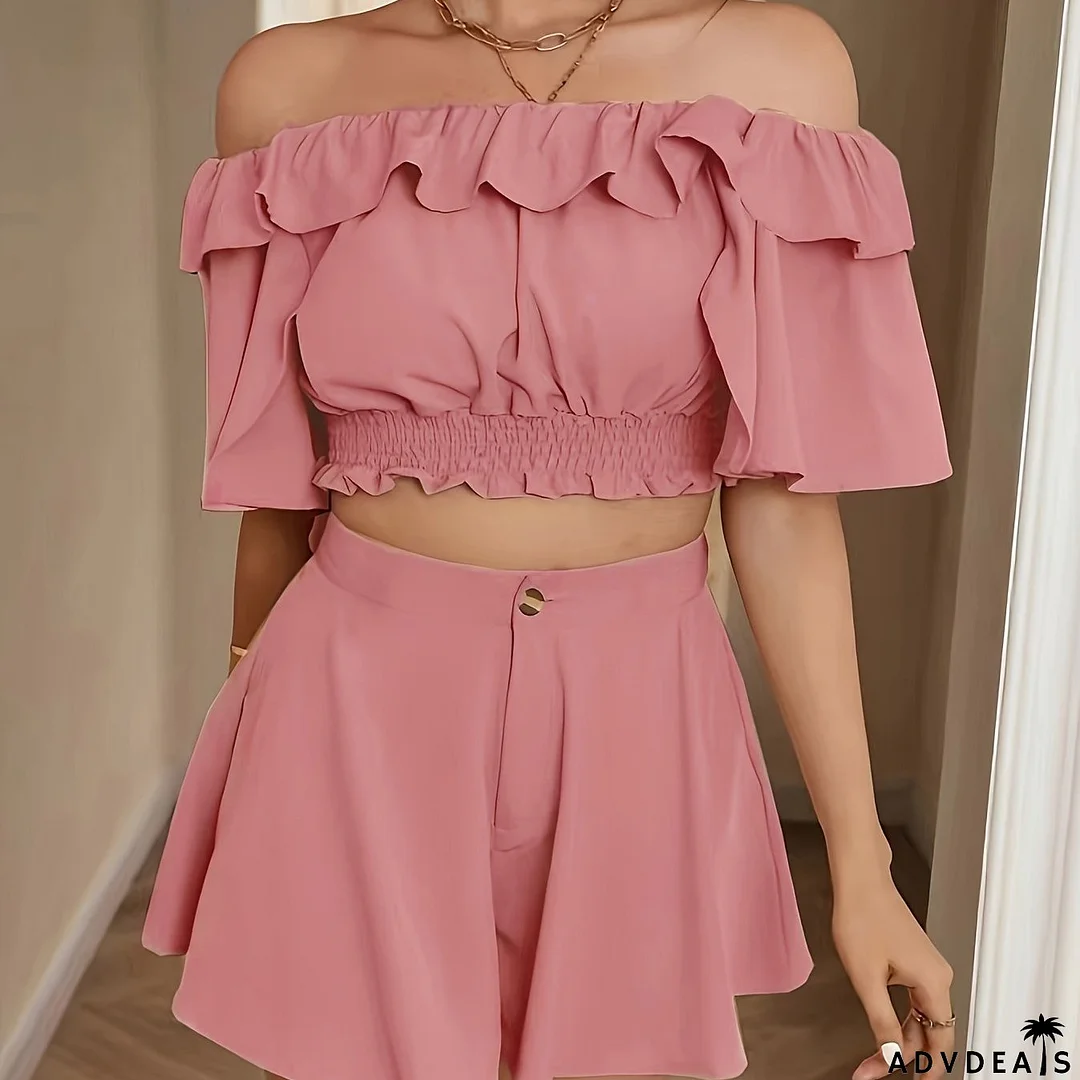 Solid Color Two-piece Set, Casual Off-shoulder Ruffle Trim Crop Top & Loose Flare Shorts Outfits, Women's Clothing