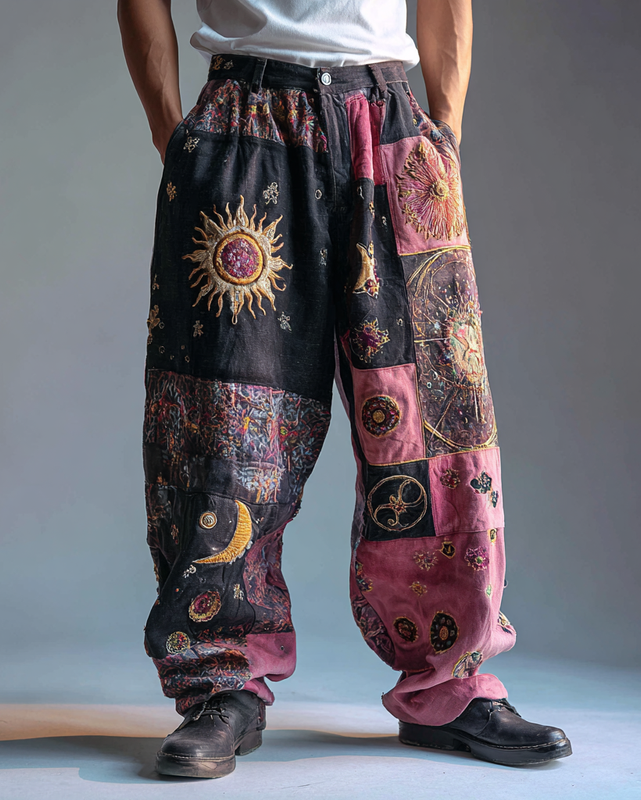 Men's casual star and moon 3D embroidered linen trousers 89e7