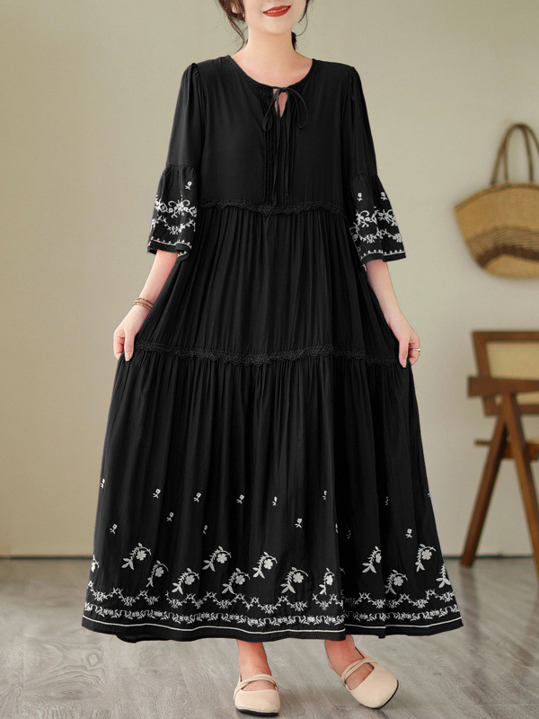 Lace-Up Neck Embroidery Detail Pleated Maxi Dress