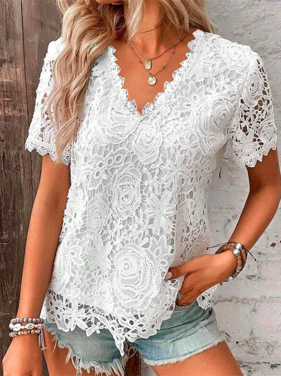 Women Short Sleeve V-neck Solid Color Lace Tops