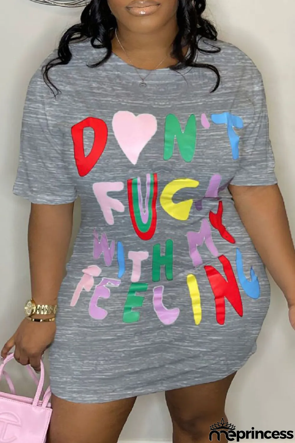 Grey Casual Print Patchwork O Neck Straight Plus Size Dresses