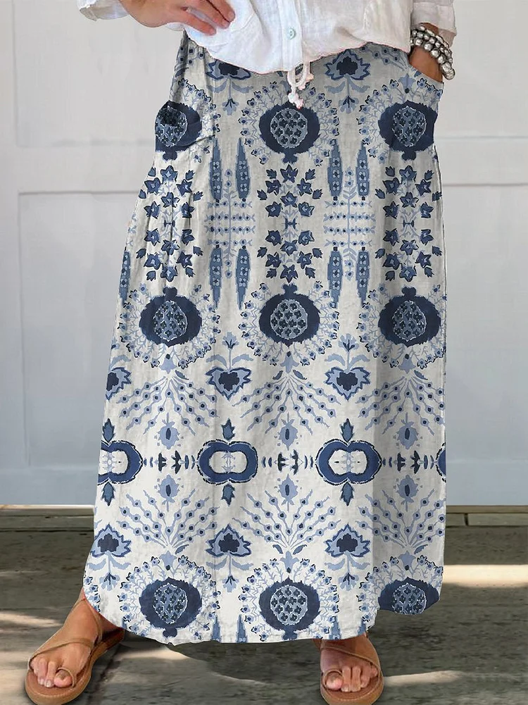 Women's Watercolor Ethnic Pattern Linen Pocket Skirt