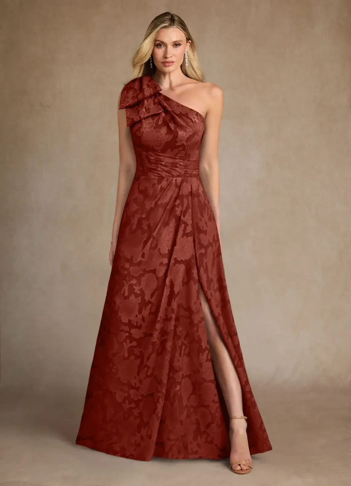 Lussooy Stunning One Shoulder Floor Length Sleeveless Floral Bow Mother of The Bride Dress 