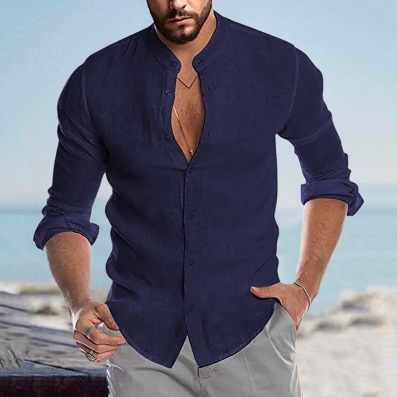 Men's Casual Linen Shirt Band Collar Long Sleeve Button Down Shirt-Compassnice®