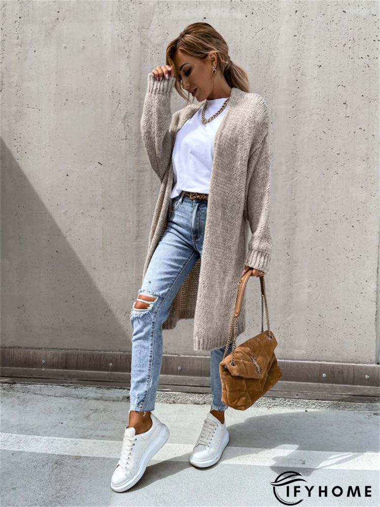 Casual Cotton-Blend Plain V Neck Off Shoulder Sleeve Cardigan | IFYHOME