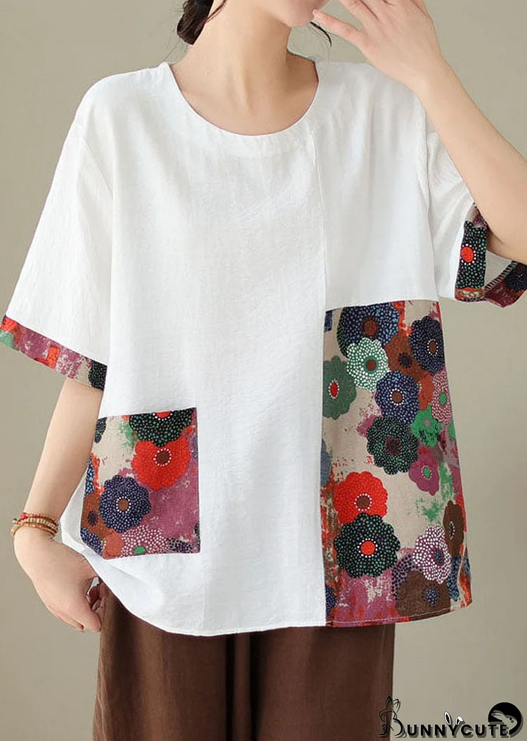 White Print Patchwork Cotton T Shirt Top O Neck Short Sleeve